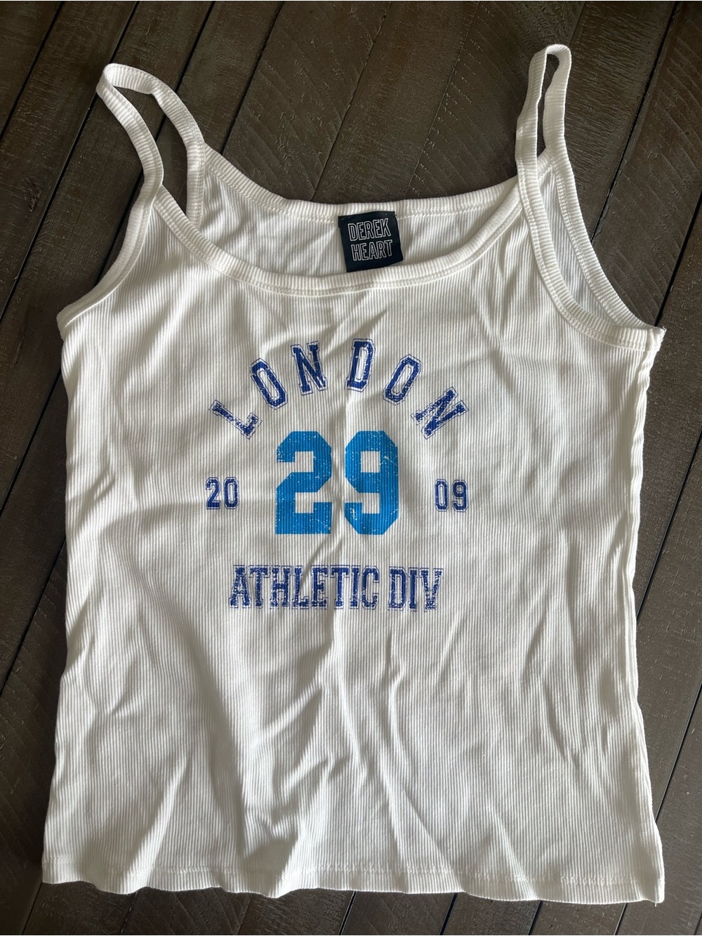 Derek Heart White Ribbed Tank with Blue 'London 29' Graphic